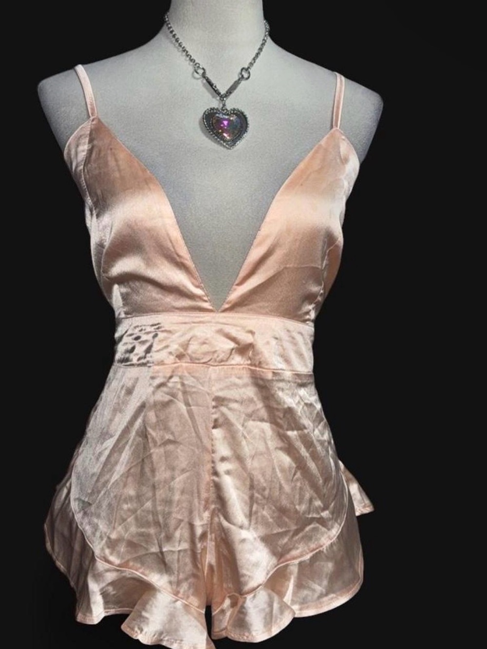 Plunging Satin Chemise Romper in Peach - Unbranded